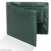 Green faux leather bi-fold wallet for men, featuring 2 cash compartments, 2 slip compartments, and 3 card slots