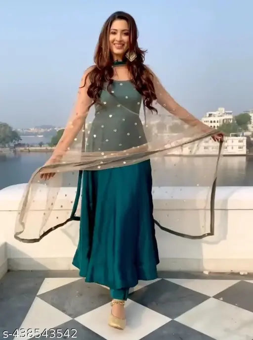 Aqua blue Art Silk Anushka gown set with dupatta, Indian Anarkali dress for women in sizes S-6XL