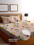 Glace cotton elastic fitted double bedsheet with 2 pillow covers (72x78 inches, 18x28 inches), featuring a floral pattern and an 8-inch deep skirt