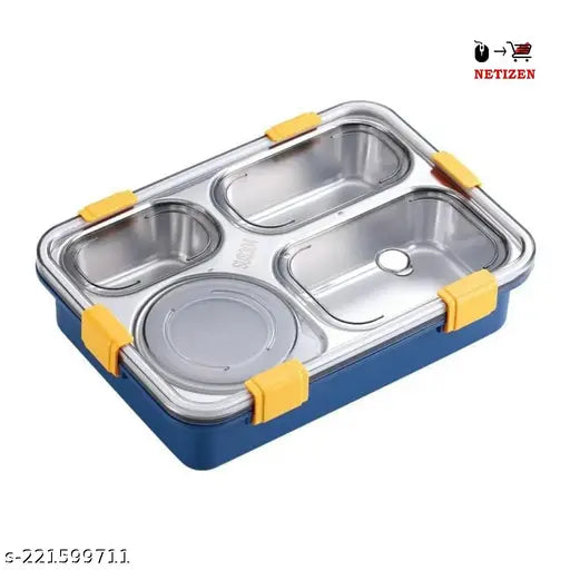 Multicolor stainless steel leak-proof lunchbox, microwave safe with thermal technology for insulation, 4 compartments, net quantity: pack of 1 (approx. dimensions: 20cm x 6cm x 10cm)