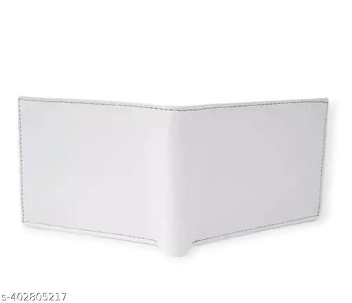 Trendy white faux leather men's card and money organizer, bi-fold design with 4 slots, chain pocket, flip ID, secret slots, and currency compartments