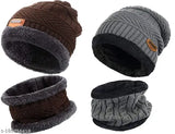 Grey Brown TOPA SET 2IN1 beanie & scarf pack (2 pieces), thick fleece-lined winter hat and scarf set, durable acrylic knit construction, stretchable for all sizes, warm accessory for men and women