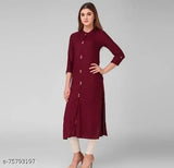 Rayon solid dyed straight kurta for women, three-quarter sleeves, single color combination. Indian ethnic wear on mannequin