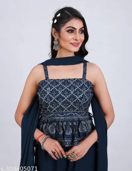 Georgette embroidered peplum crop top with tasseled palazzos, intricately adorned with beautiful latkans - SANCIA Design" (124 characters)