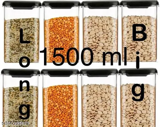 Unbreakable black plastic, 1500ml kitchen storage containers - set of 8, airtight and transparent for food storage