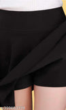 Heavy imported polyester skater skirt, high waistband with attached inner shorts, solid color, flared silhouette, suitable for work or formal occasions. Mid-length, lightweight, durable, breathable fabric. Perfect fit for various body shapes and sizes. Made in India