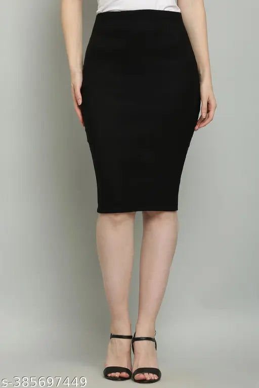 Women's black solid crepe pencil skirt, waist size 28-40 inches, length and hip sizes vary