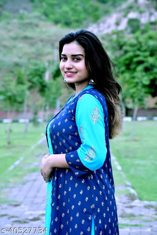 Rayon double layer flare kurti with long jacket, printed combo, M (Bust 38in), L (Bust 40in) - Indian fashion for any occasion