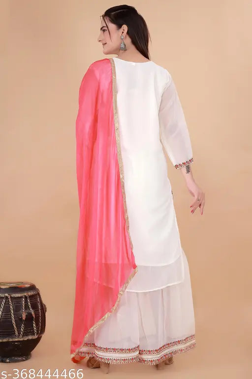 Georgette kurti set with sharara and dupatta, embroidered for special occasions. Single size available on Gillkart