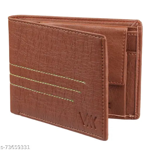 Tan PU leather wallet, Wildauk Men's regular size with 3 card slots, textured design, and multiple compartments for organization