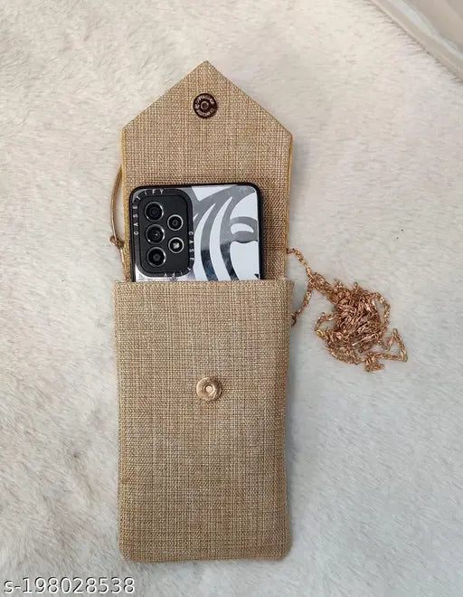 Trendy jute mobile sling with long chain and saree clip, embroidered net pattern accessory for Indian fashion