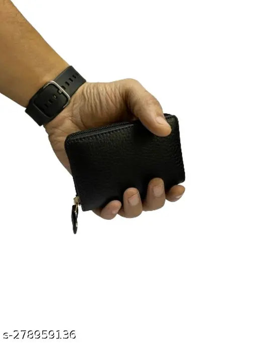 Genuine black leather RFID blocking 5-compartment card holder, textured design. Premium leather wallet for men and women. Perfect size to organize cards, bills, and coins. RFID protected and stylish design. Made in China