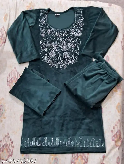 Velvet winter kurta palazzo set for women, super soft velvet with embellished net design