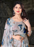 Trendy grey floral Georgette Anarkali with three-quarter sleeves, ideal for ethnic occasions. Made in India