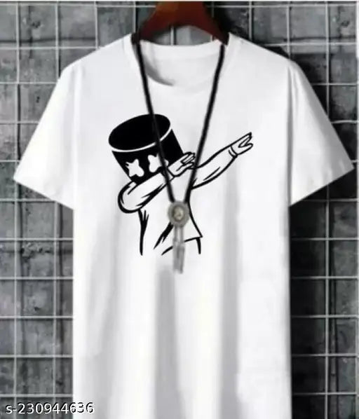 White polyester round neck t-shirt with eye blink print, ideal for formal and casual wear. Made in India