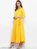 Mbe yellow cotton latkan anarkali kurta, three-quarter sleeves, embroidered pattern, Indian handloom fashion on mannequin