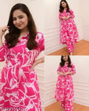Pink Rayon Kurti Pant Set, printed net A-line straight fit kurta and relaxed fit pants, suitable for various occasions such as Western wear, office wear, nightwear, beachwear, and summer wear. Perfect for women's loungewear or pajama sets. Made in India