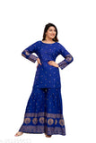 Printed embroidered rayon kurti sharara dupatta set with skirt, royal blue, Indian origin