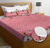 White cotton fitted bed sheet set with floral pattern, superfine quality, double size, ideal for summer, DECORHUT FAB