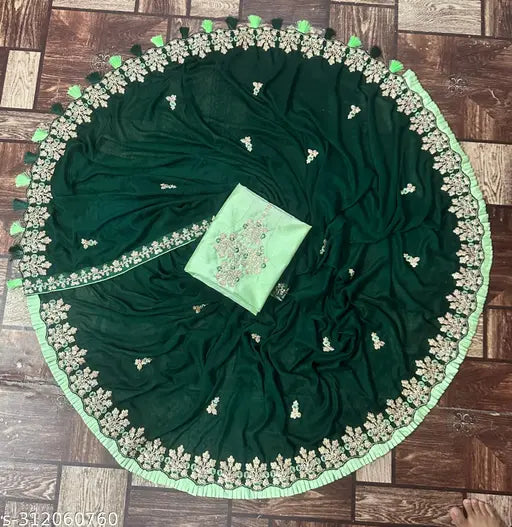 Exquisite Vichitra Silk embroidered sari with frill thread jumka latkan and sequence blouse work, perfect for every occasion