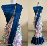 Best satin silk printed saree with separate georgette blouse, Indian traditional attire on mannequin