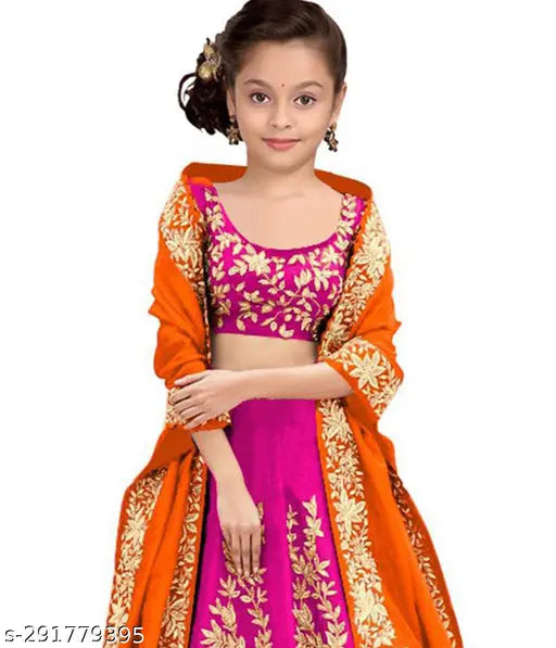 Embroidered silk blend lehenga choli and net dupatta for girls, Indian ethnic wear in art silk