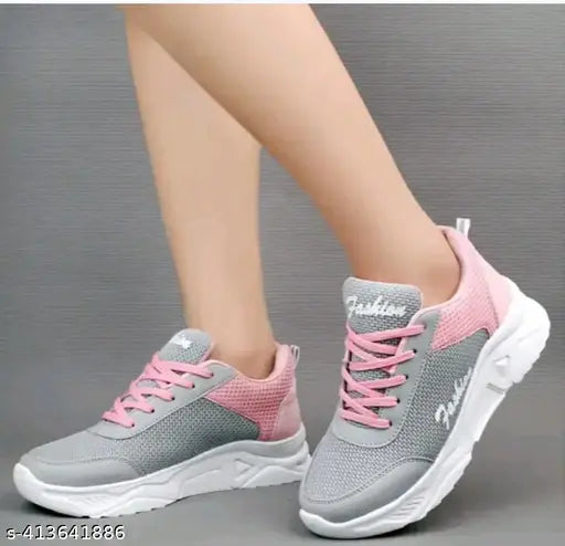 Mesh and synthetic leather striped lace-up casual shoe for women, breathable air mesh upper, height-increasing PU sole, perfect for all seasons, India origin (size 4: foot length 26 inches)