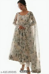 Georgette printed keshavi gown and dupatta set, long sleeves, colorful net pattern on Indian-origin display