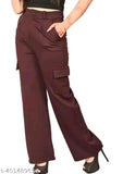 Women's brown Lycra cargo trousers, high rise with slanted inset pockets and patch flap, suitable for casual and formal wear