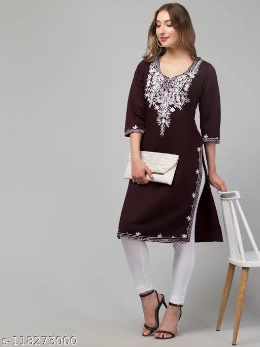 Wool embroidered winter kurti for women, premium wool fabric in three-quarter sleeves, size M (38in bust, 42in length), India origin