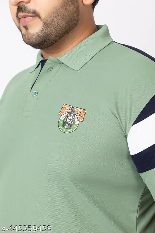 Vibrant plus size colorblocked polo neck T-shirt for men, made of polycotton. Modern take on a classic design, available in XXL, 3XL, 4XL, and 5XL. Made in India