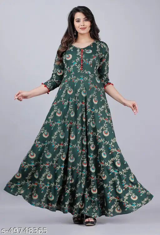 Rayon printed Anarkali kurti by Jivika, three-quarter sleeve length, vibrant combo design for Indian women (M - Bust 38in, Size Length 51in)