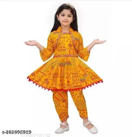 Trendy ethnic cotton Kurta and Dhoti pant set with shrug for girls, printed A-line top and dhoti pants, festival wear for kids