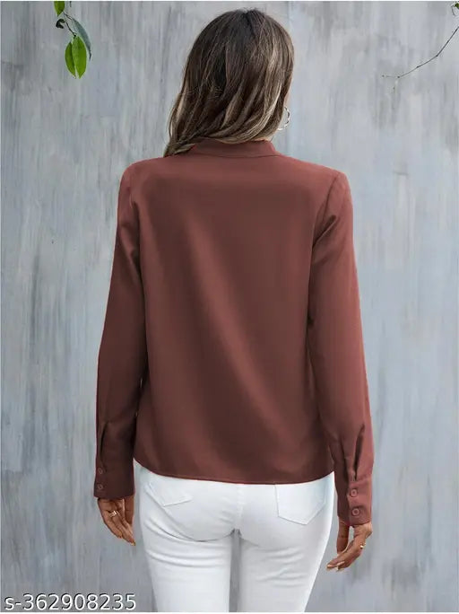 Brown polyester long sleeve solid V-neck tunic for women. India-made women's fashion top on model