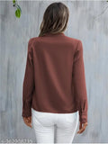 Brown polyester long sleeve solid V-neck tunic for women. India-made women's fashion top on model