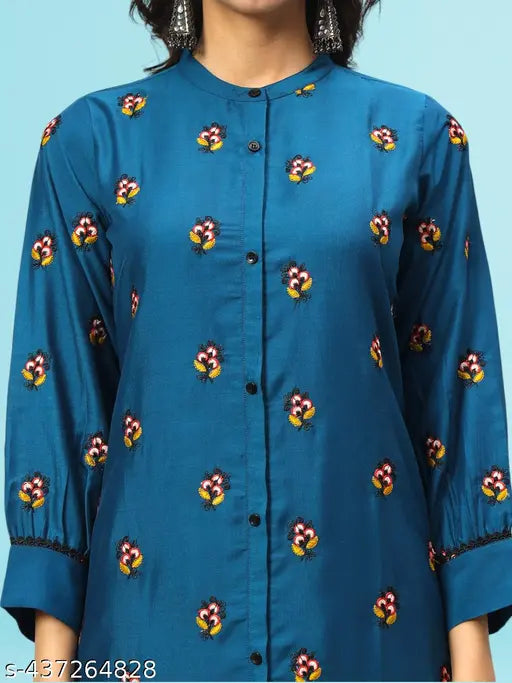 Silk Blend Fabric Embroidered Kurta & Ankle Length Trouser - Growish Women's Coord Set, Indian ethnic wear for all occasions