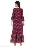 Rayon gold printed wine-colored kurta with Sharara bottomwear, three-quarter sleeves, hand-embroidered lace detailing