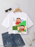 White polyester crop top with Shinchan Design and printed net pattern, suitable for girls' fashion. Sizing: S (34 in bust, 15 in length), M (36 in bust, 16 in length), L (38 in bust, 17 in length), XL (40 in bust, 18 in length). Made in India