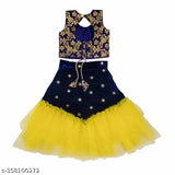 Yellow Super Net Lehenga Cholis with Dupatta by Queenpin Enterprise - Festive occasion wear, Indian children's clothing (12-8 years), sizes 12-18 months to 7-8 years, features flared lehanga, stylish blouse, and border lace dupatta. Made in India