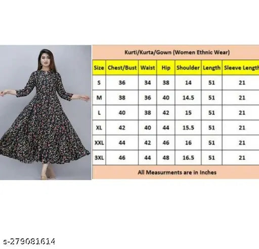 Black rayon Anarkali gown with printed combo, three-quarter sleeves - festival or party wear for women and girls