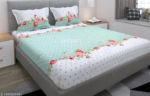 Green 250 Tc Premium Soft Cotton Elastic Fitted Double Bedsheet with Two Pillow Covers, 72x78x8 Inches