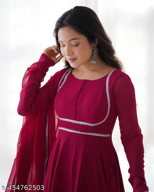 Maroon Georgette Gown, elegant women's party wear in solid pattern, Indian-made dress with dupatta. (123 characters)