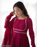 Maroon Georgette Gown, elegant women's party wear in solid pattern, Indian-made dress with dupatta. (123 characters)