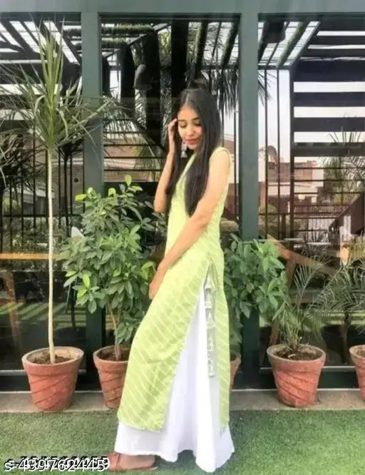 Cotton kurti-palazzo set, printed net green lehariya style, sleeveless with white palazzos for daily wear by Niharika Creation
