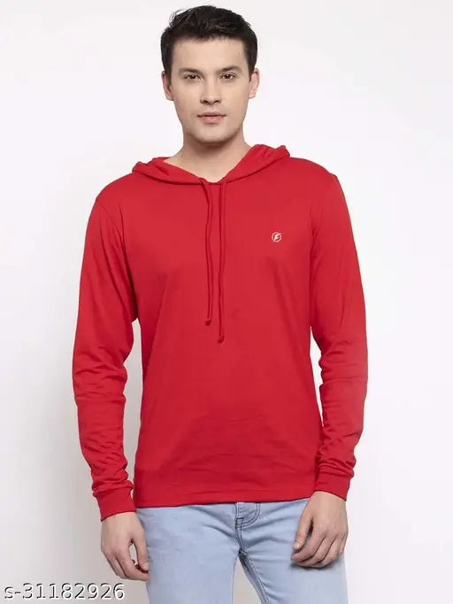 Men's red long-sleeve solid cotton hoodie, rib round neck, India-made