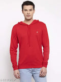 Men's red long-sleeve solid cotton hoodie, rib round neck, India-made