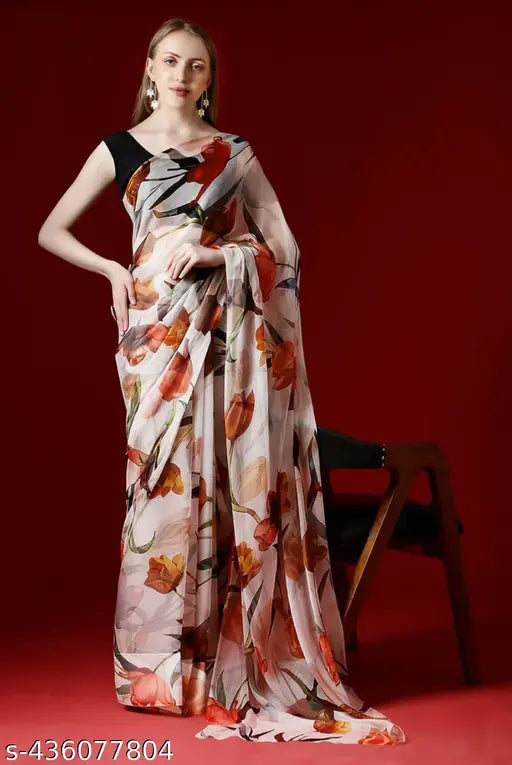 Bollywood-print Georgette saree with separate art silk blouse, free size, Indian origin