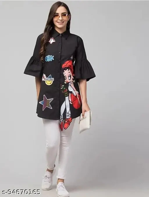 Premium Quality Cotton Women's Black Shirt, printed three-quarter sleeve, M(38in/27in), L(40in/27in), XL(42in/27in) - India