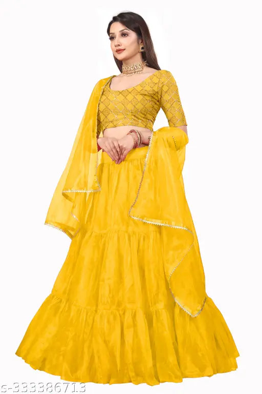 Embellished art silk lehenga choli with net dupatta, free size, Indian wedding attire