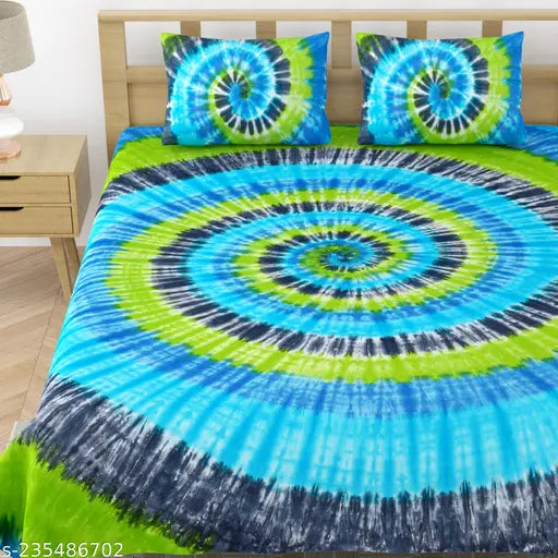 Handmade tie and dye 100% cotton king size bedsheet with 2 stitched pillow covers, abstract pattern. Elegant, superfine quality bedding for summer use, guaranteed fast colors